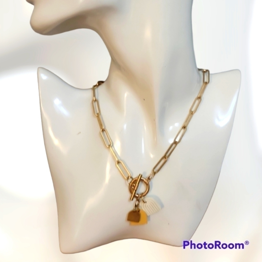 3/$30 Matte Goldtone Paperclip Link Toggle Rainbow Charm Necklace